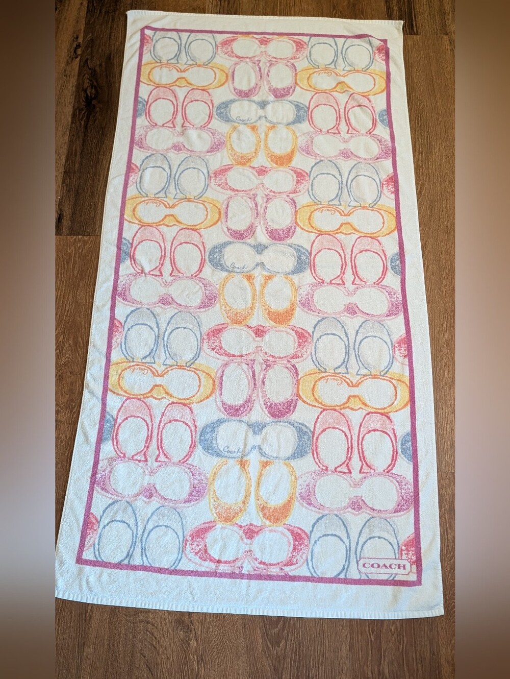 Coach Swim Towel White Pink Yellow  Blue Signature Print 32" x 63" VGC